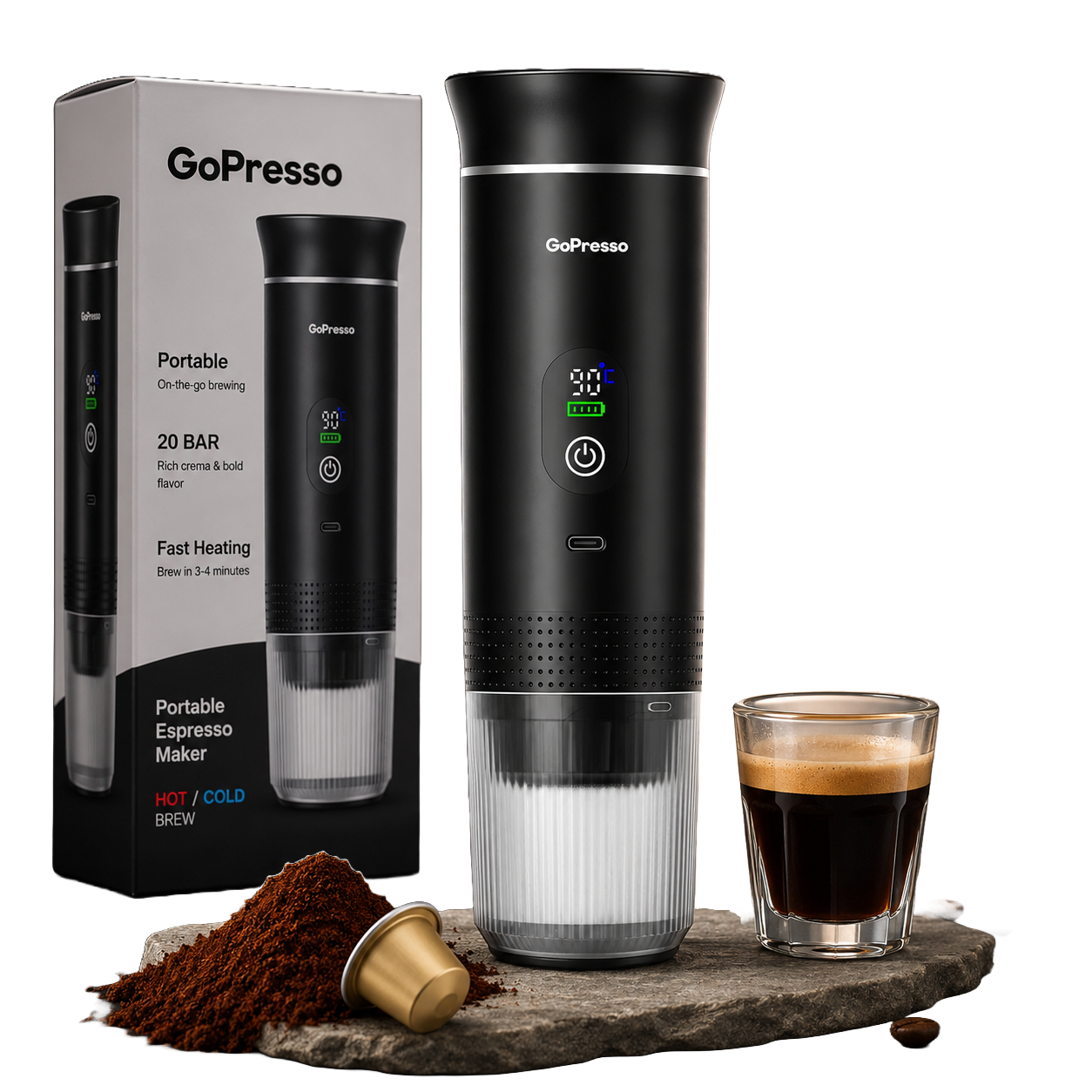 GoPresso Power™ – Přenosný espresso kávovar na kapsle i mletou kávu